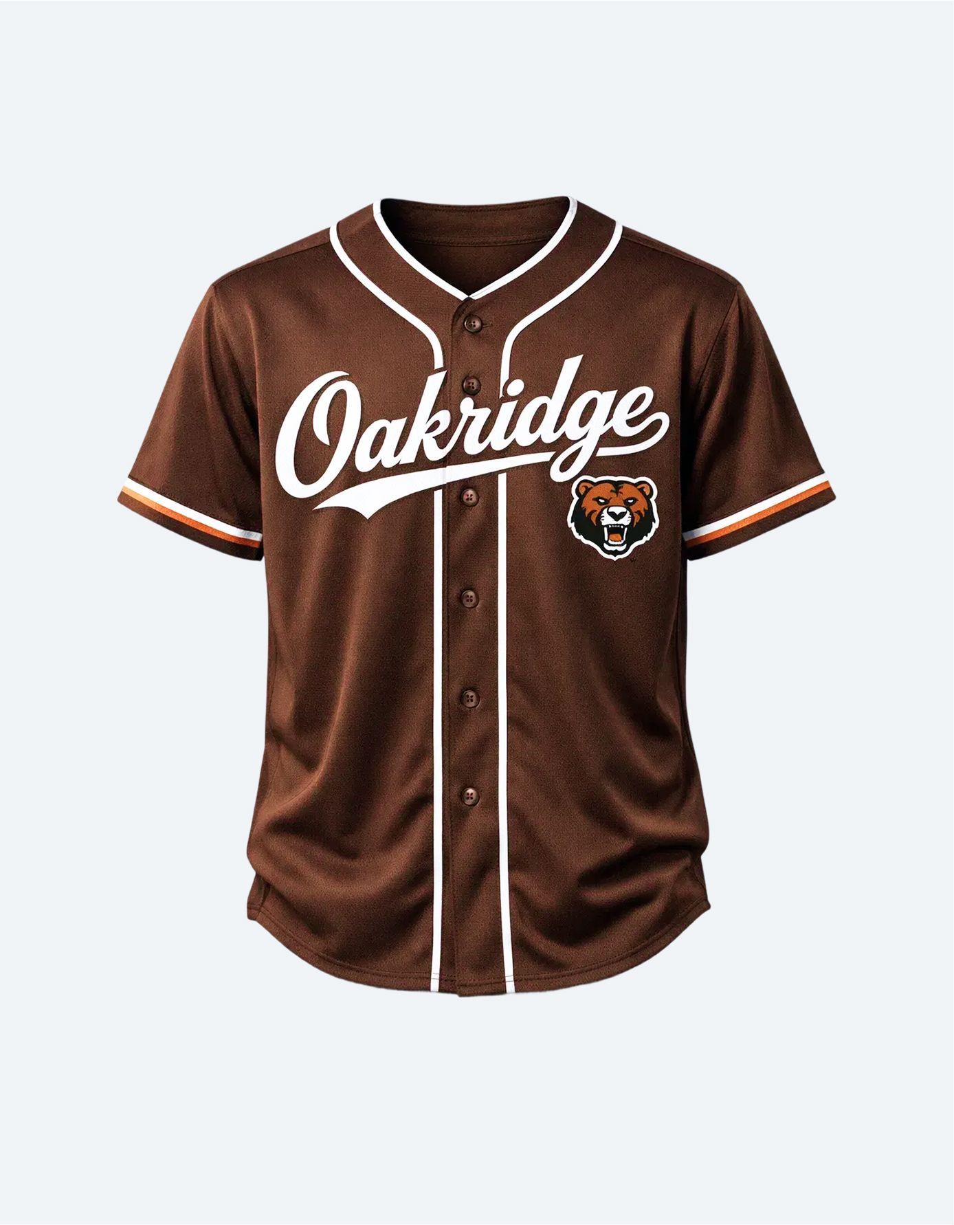 Brown Oakridge baseball jersey with white script lettering and a tiger logo