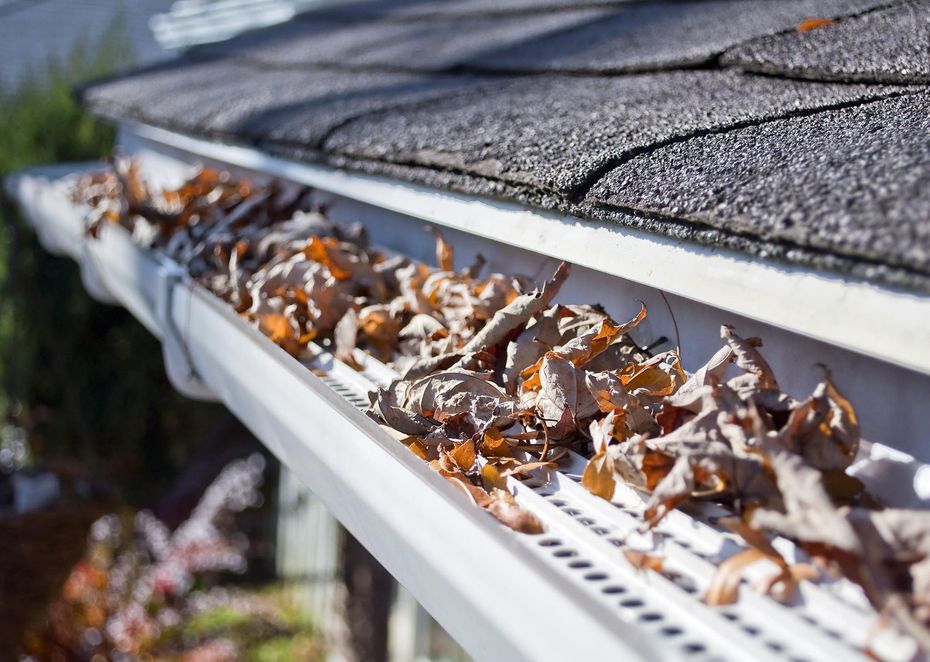 A gutter filled with leaves on a roof of a house.