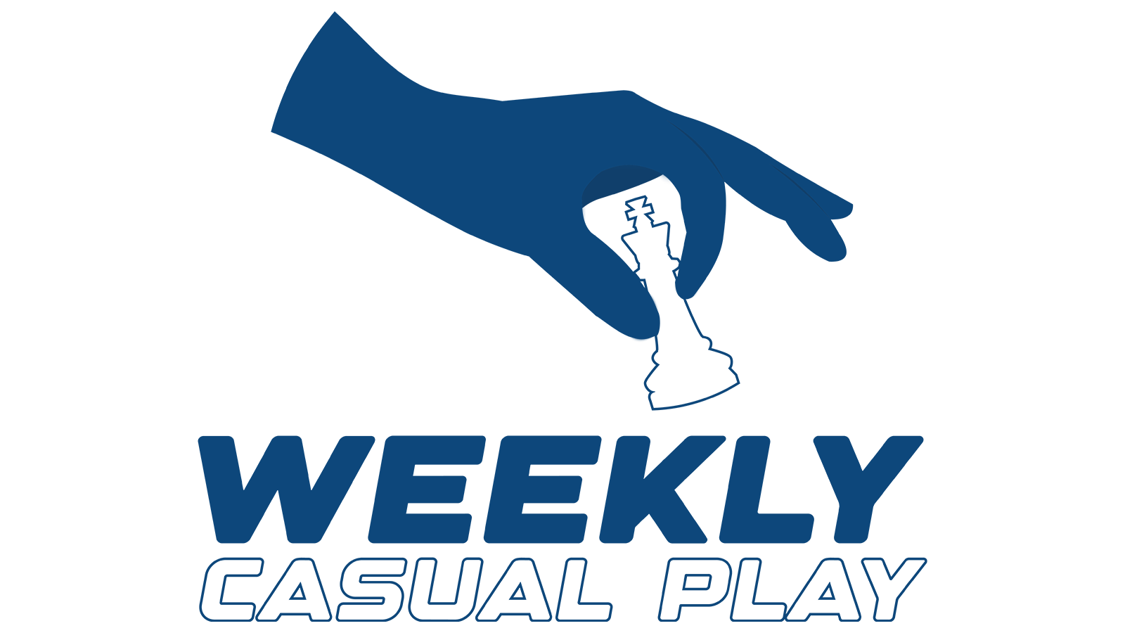 A logo for weekly casual play with a hand holding a chess piece