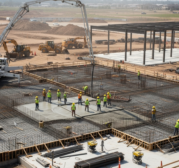 Commercial concrete foundation under construction in Kennewick, showcasing large-scale concrete capabilities