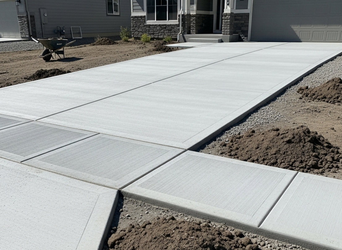 New residential concrete driveway and walkway in Kennewick, expertly installed by concrete contractors.