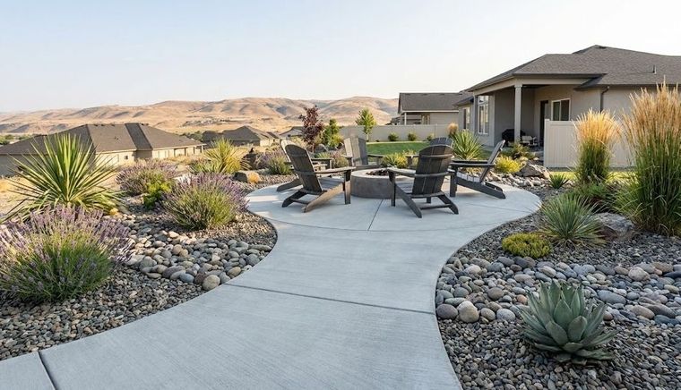 Modern broom finish concrete patio design with a fire pit in Richland WA.