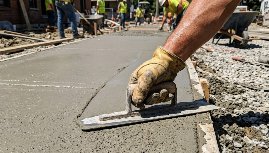 A Kennewick Concrete King worker using a trowel to carefully smooth the edge of a fresh concrete commercial walkway.