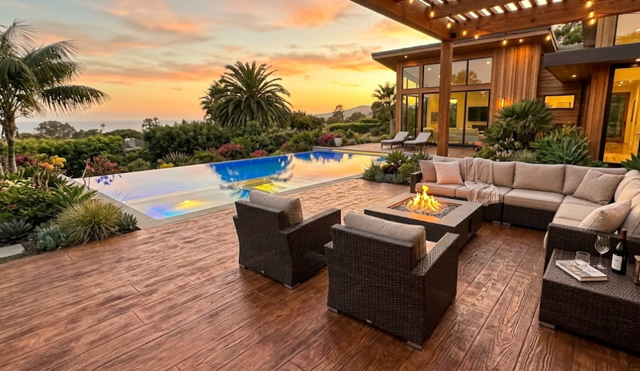 A sunset view of a poolside patio featuring a fire pit, outdoor lounge furniture, and a modern home with wood paneling.