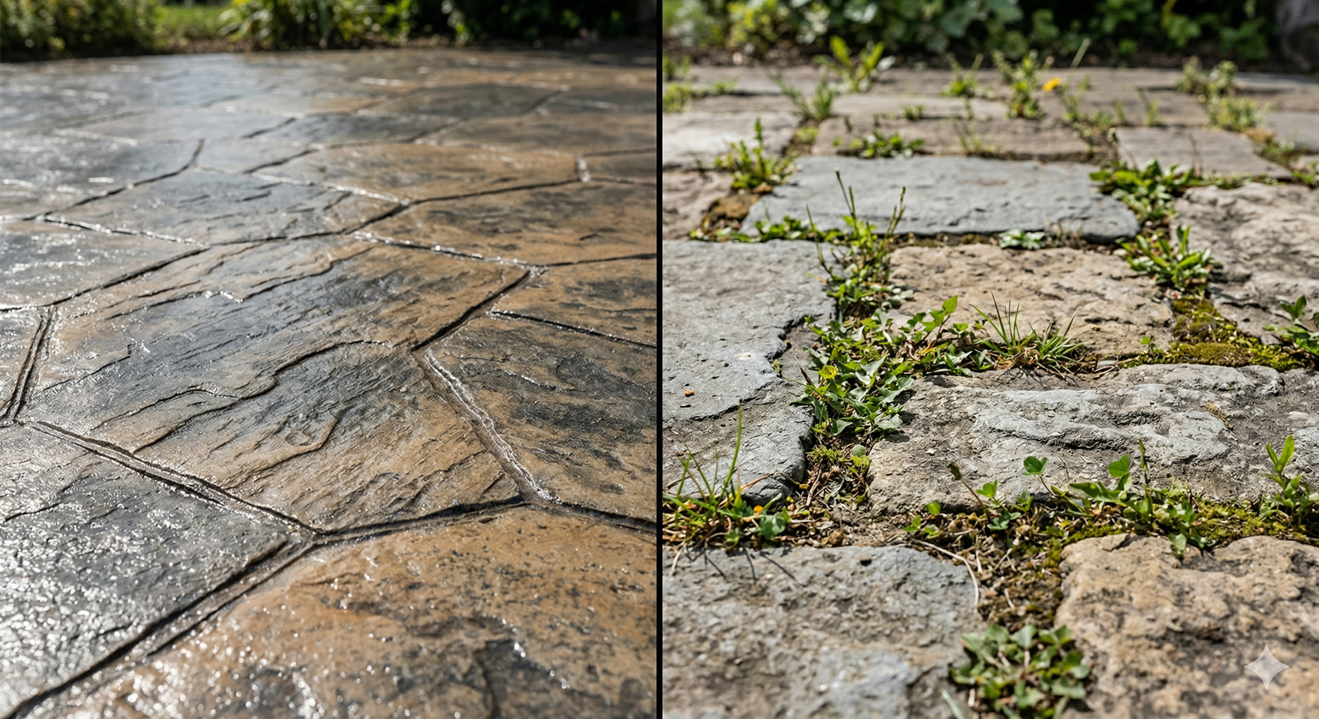 A split image comparing a clean, sealed patio on the left to an unkempt, weed-filled stone walkway on the right.