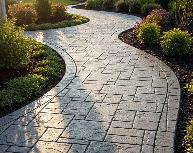 winding stamped concrete walkway done by Kennewick Concrete King in Spokane WA