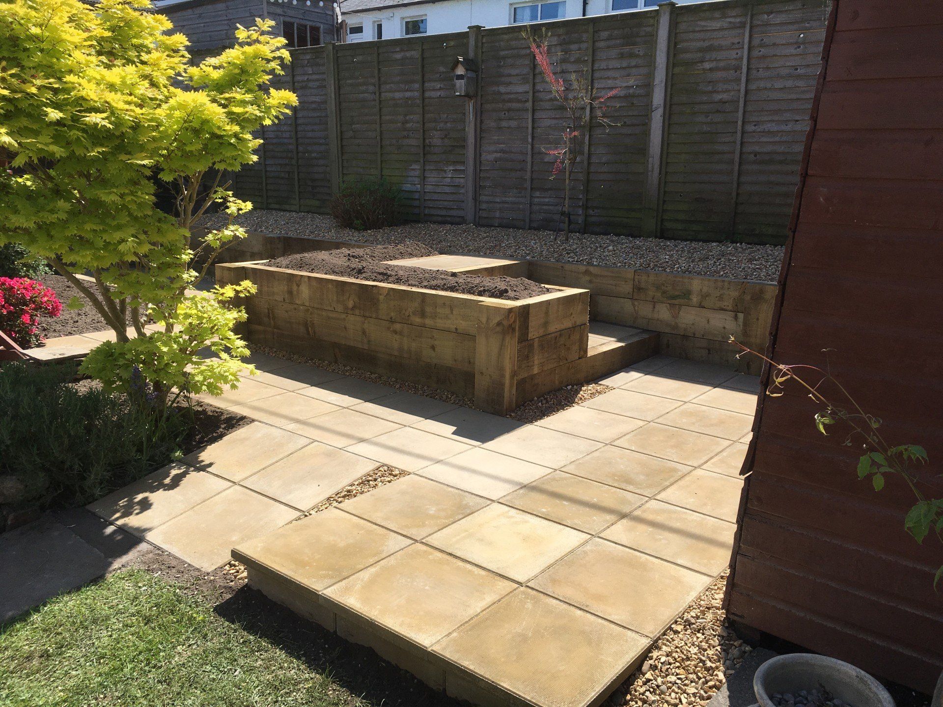 Patio and raised beds of soil and gravel
