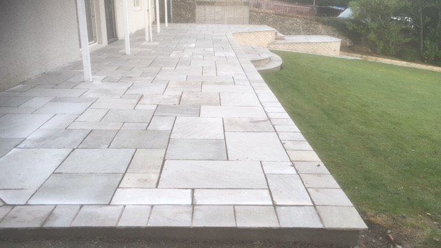 Tiled, colourful, decorative patio