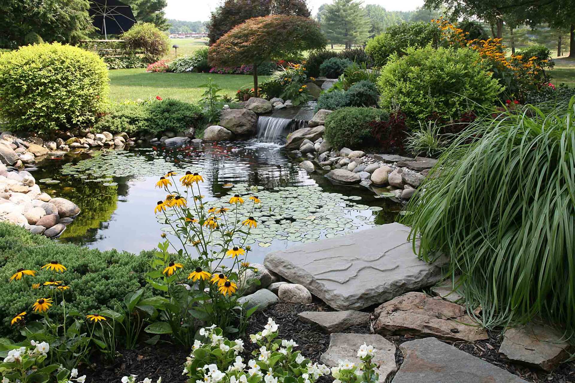 Large garden with pond and shrubs