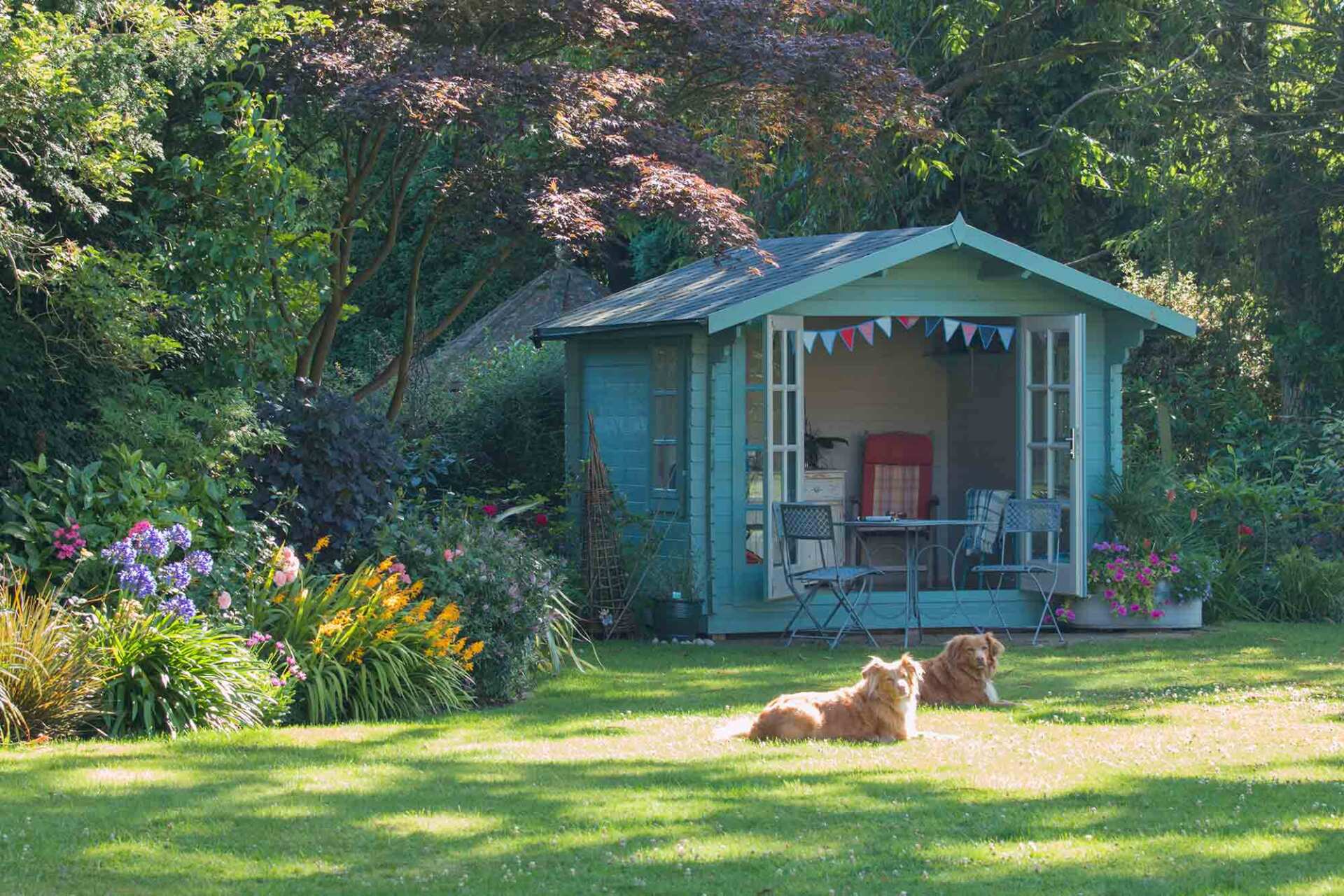 Summer in the garden on a sunny day with the summer house with the doors open and 2 dogs relaxing on the grass