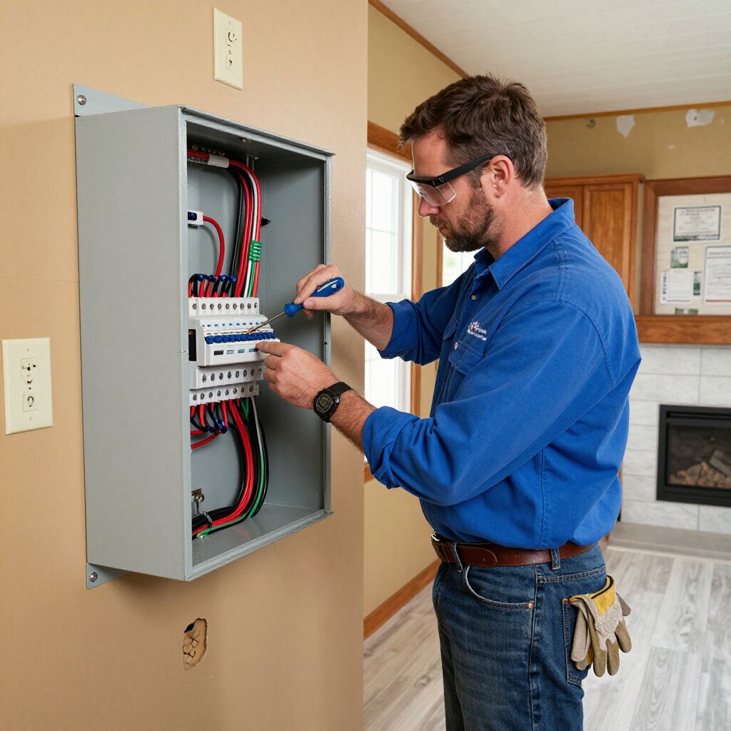Electrician working on electrical panel, wearing safety glasses, inside a home.
