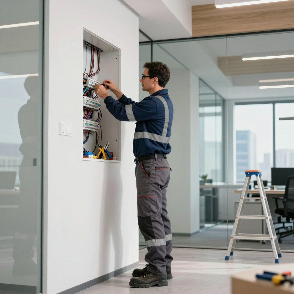 Electrician in blue shirt, reflective stripes, gray pants, works on electrical panel inside office. Ladder nearby.