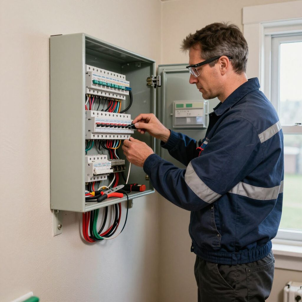 Electrician working on electrical panel, wearing safety glasses and uniform, indoors.