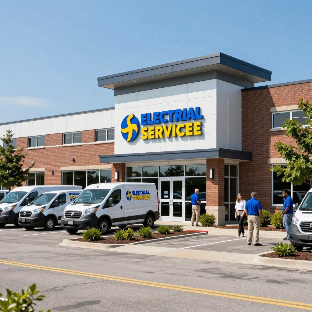 Electrical service company building with vans parked in front, employees standing outside.