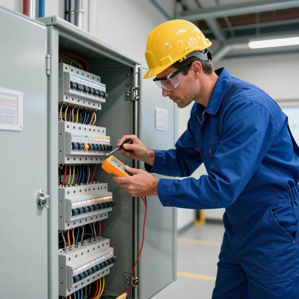 Electrician in a yellow hard hat and safety glasses using a multimeter on an electrical panel.