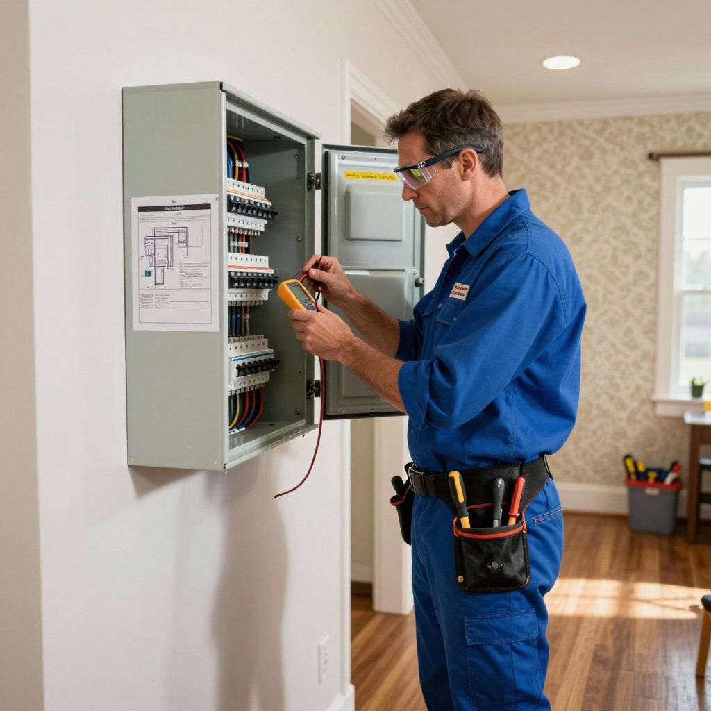Electrician in blue coveralls using a multimeter on an electrical panel in a home, wearing safety glasses.