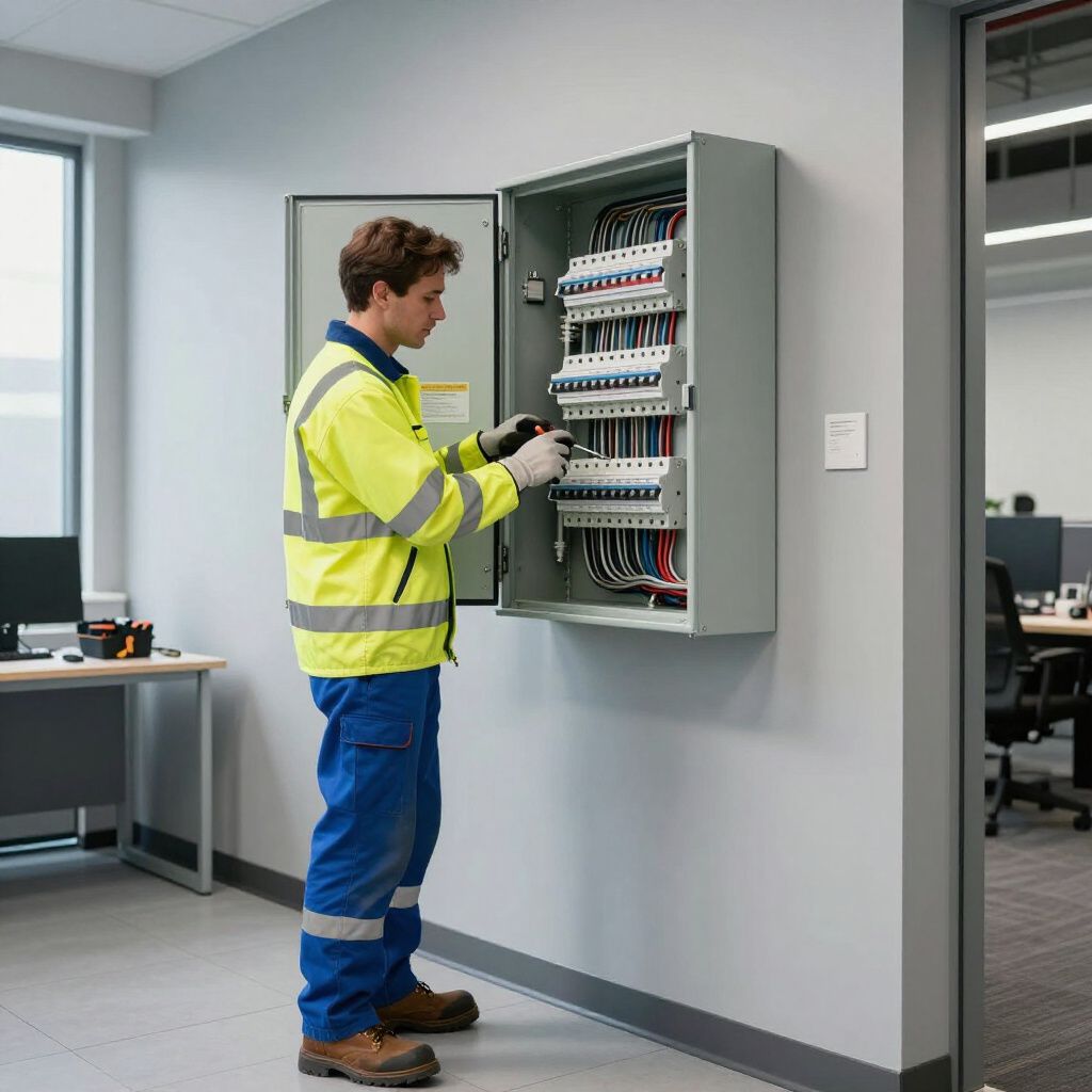 Electrician in a yellow safety vest working on an electrical panel in an office.