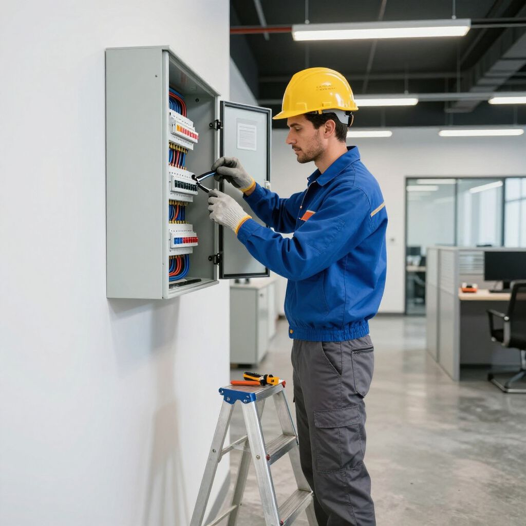 Electrician in blue workwear and a yellow hard hat working on a fuse box in an office.