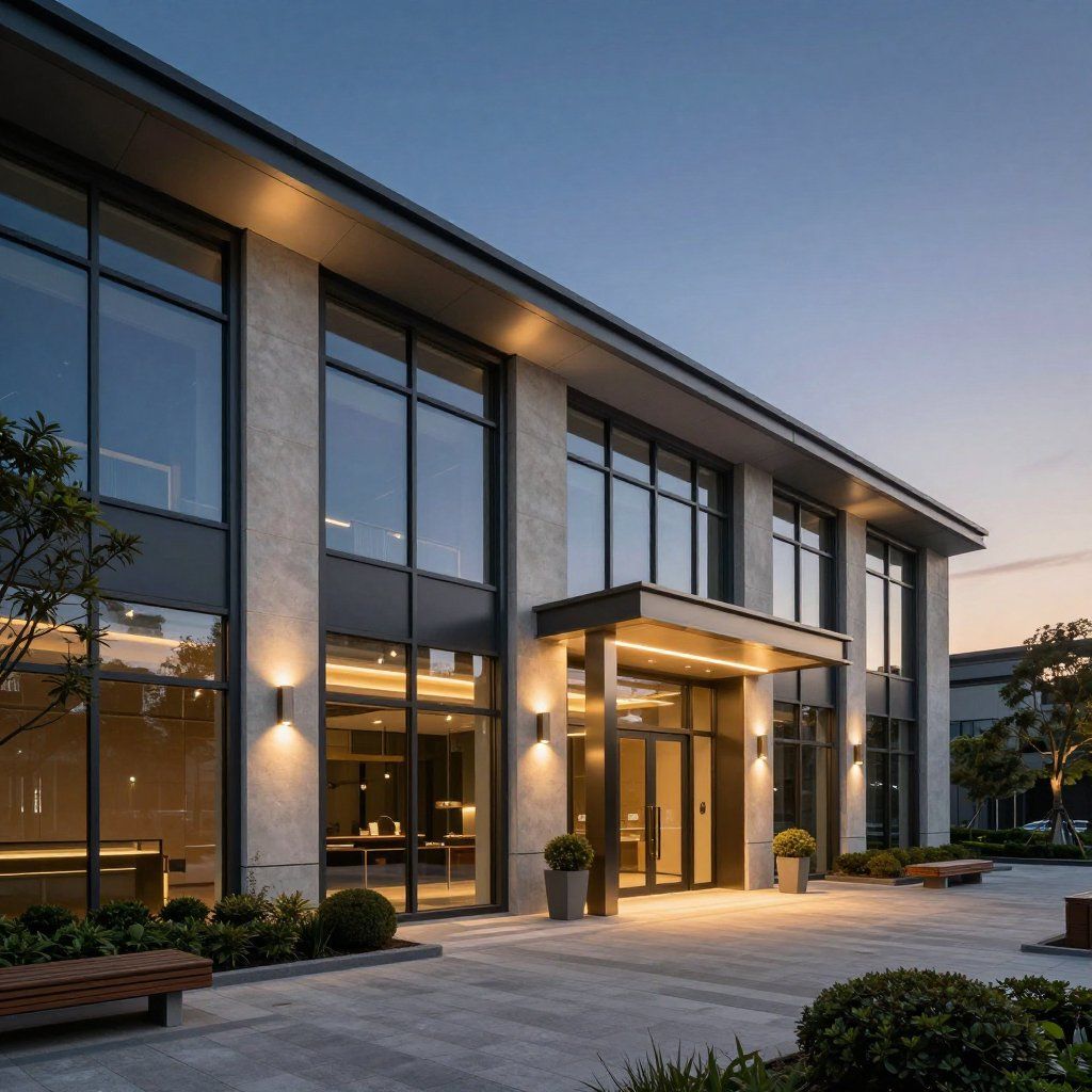 Modern building exterior with large windows, illuminated at dusk. Gray facade, entry with overhead lighting.