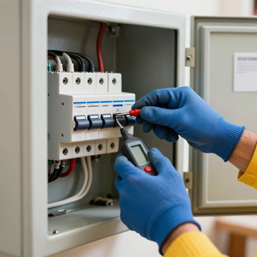 Electrician tests a circuit breaker inside a gray electrical panel with a digital multimeter, wearing blue gloves.