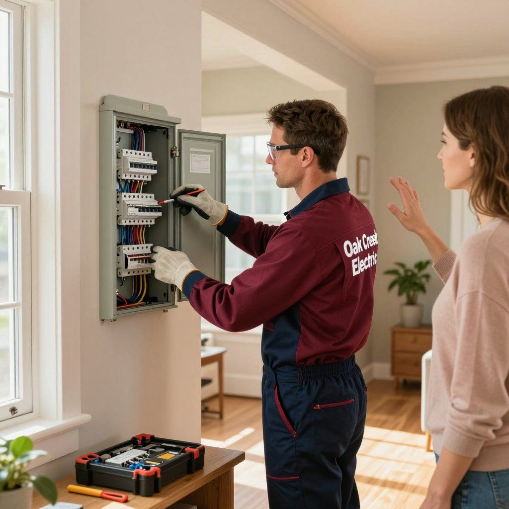 Electrician working on electrical panel, woman watches. Interior setting.