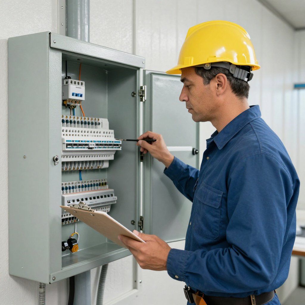 Electrician in yellow hard hat examining electrical panel, holding clipboard and tool.