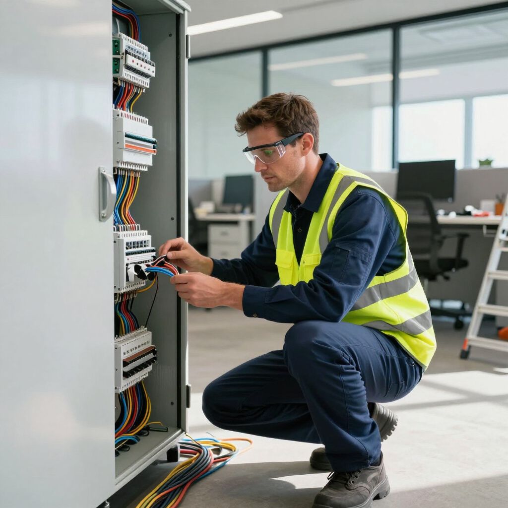 Electrician working on electrical panel, wearing safety vest and glasses. Indoors, office setting.