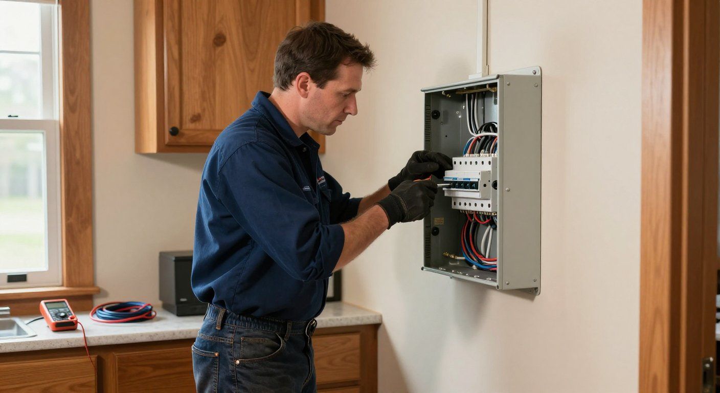 Electrician working on a circuit breaker panel, wearing gloves. Indoors, near a window and cabinets.