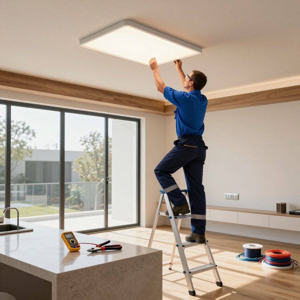 Electrician installing a square ceiling light in a modern home, standing on a step ladder.