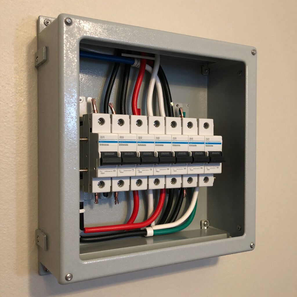 Gray electrical panel with colored wires and circuit breakers mounted on a wall.