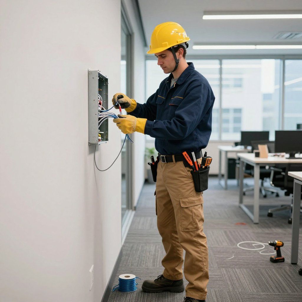 Electrician in yellow helmet, working on wires in a wall-mounted box inside an office.