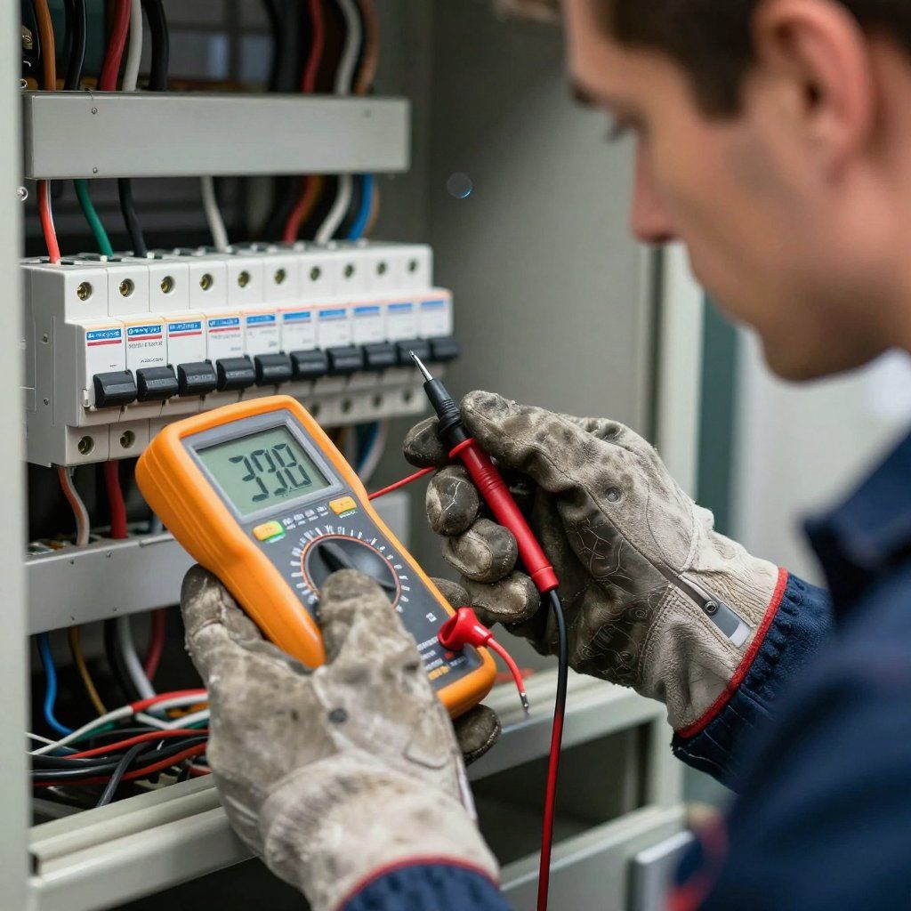 Electrician using a multimeter on electrical panel, wearing gloves. Meter reads 390.