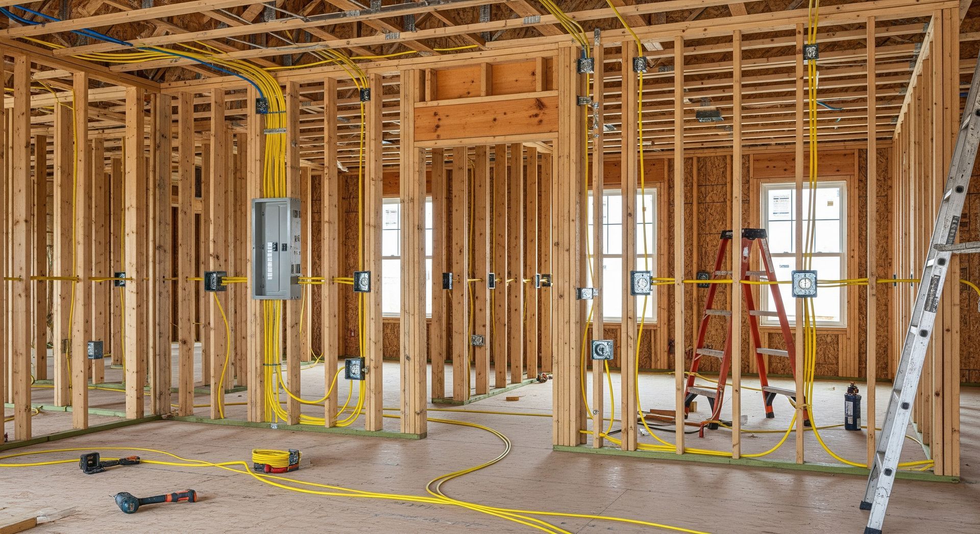 Electrician kneels, testing a panel with a meter. Indoors, neutral walls, natural light.