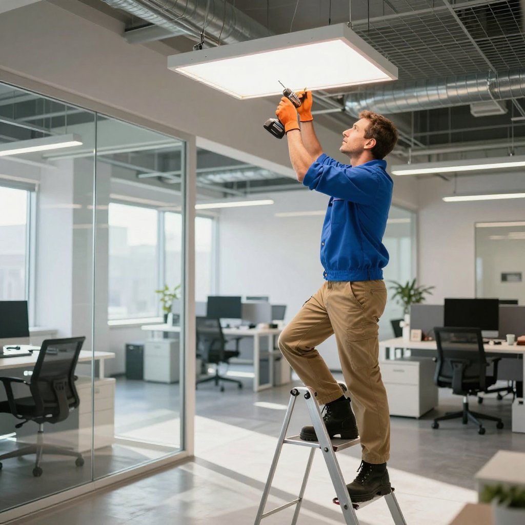 Person on a ladder installing a ceiling light in an office.