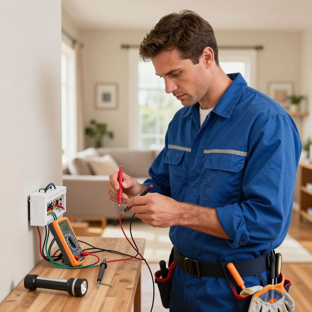 Electrician in blue coveralls using a multimeter to test electrical wiring near a light switch.