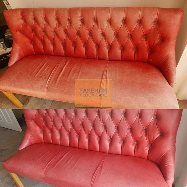 A before and after photo leather cleaning a red leather couch in Fareham