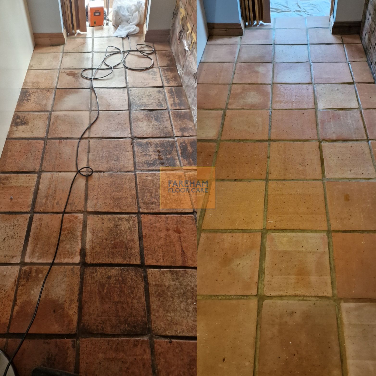 A before and after photo of a terracotta tiled floor in Fareham