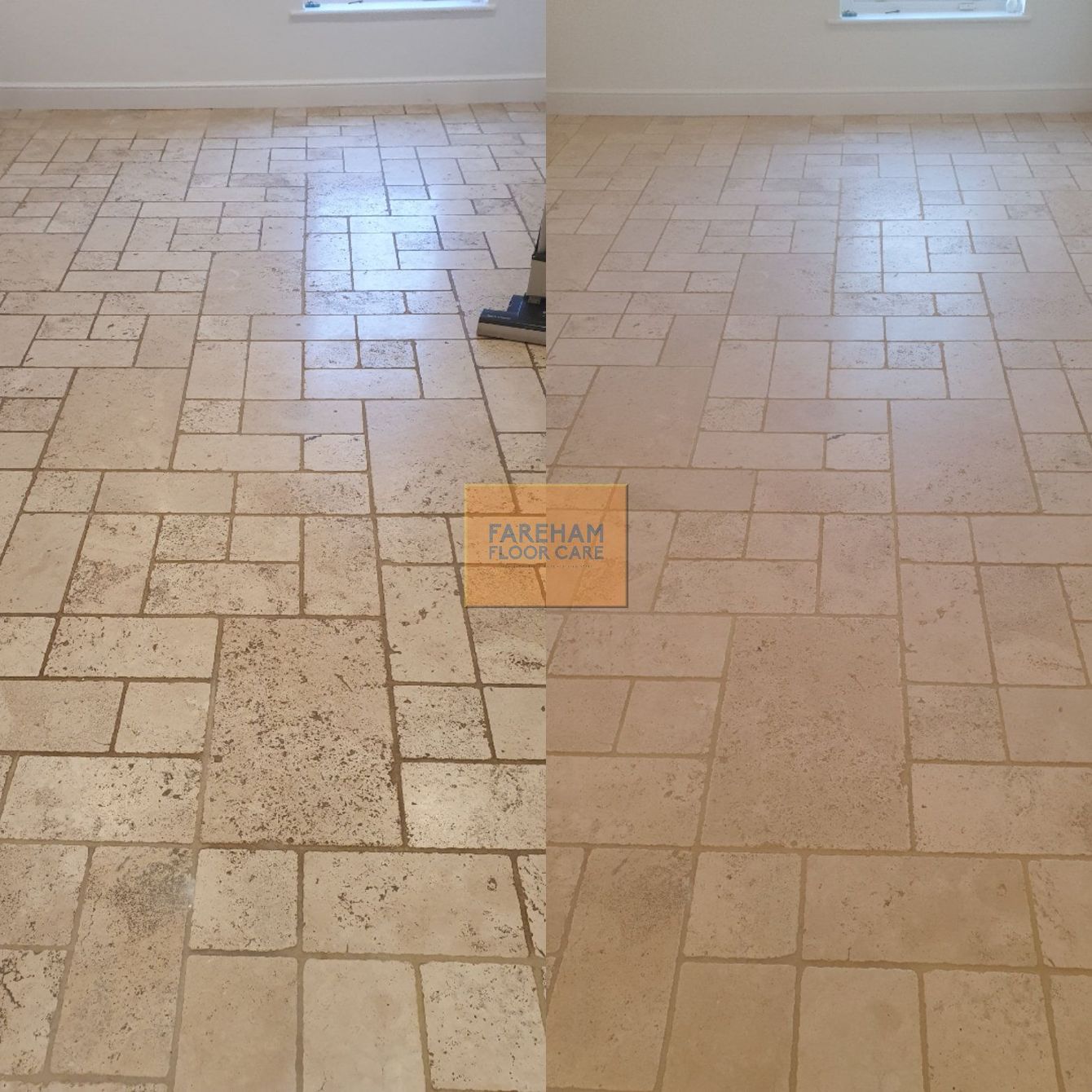 A before and after photo of a tile floor cleaned in Fareham