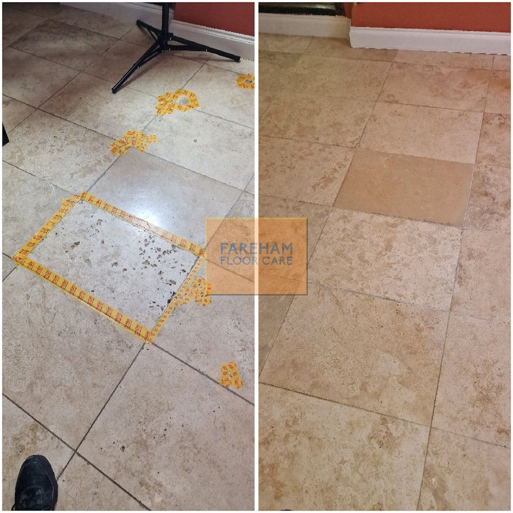 A before and after photo of a tile floor cleaning Fareham