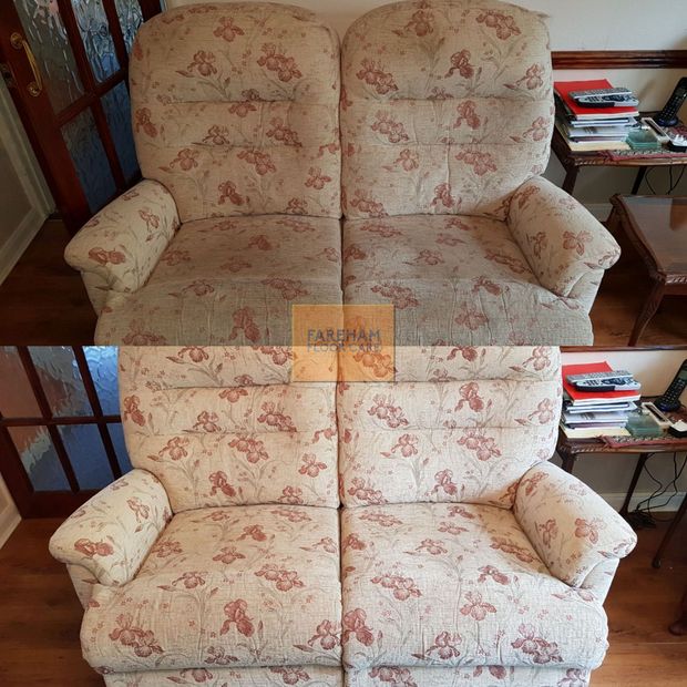 A before and after picture of sofa cleaning in fareham