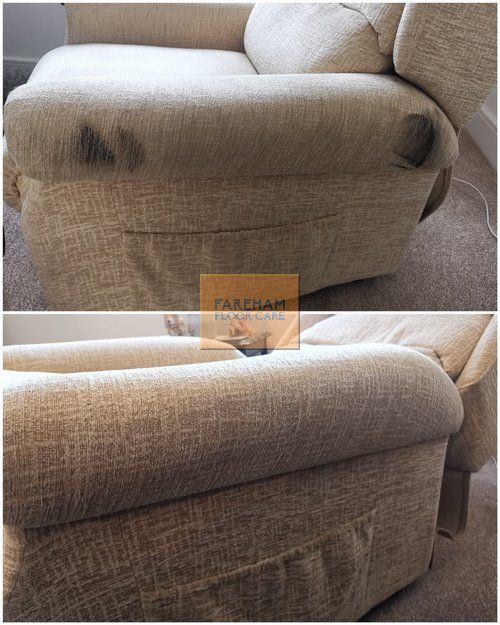 A before and after picture of a couch being cleaned.
