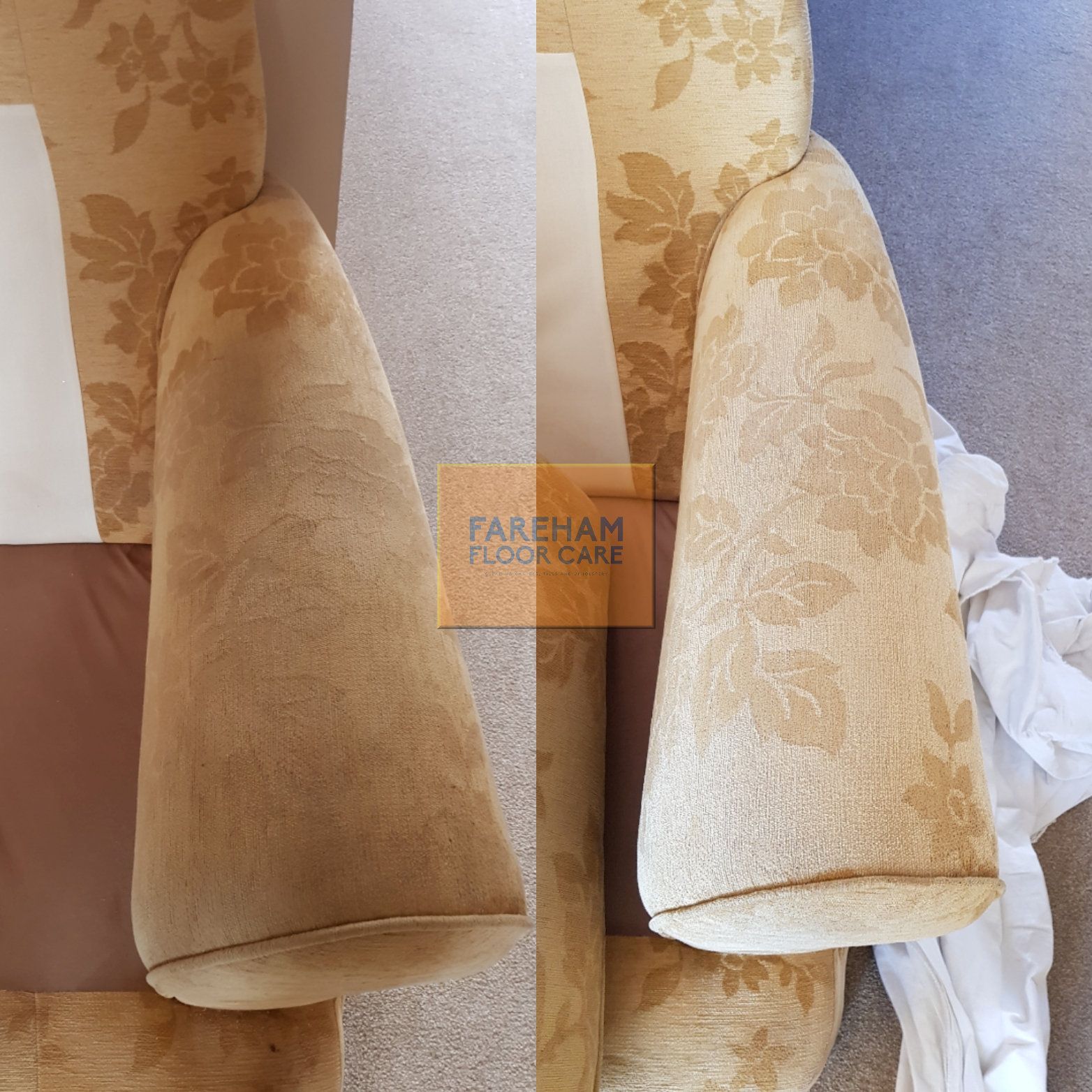 A picture of an armchair before and after being cleaned by fareham floor care