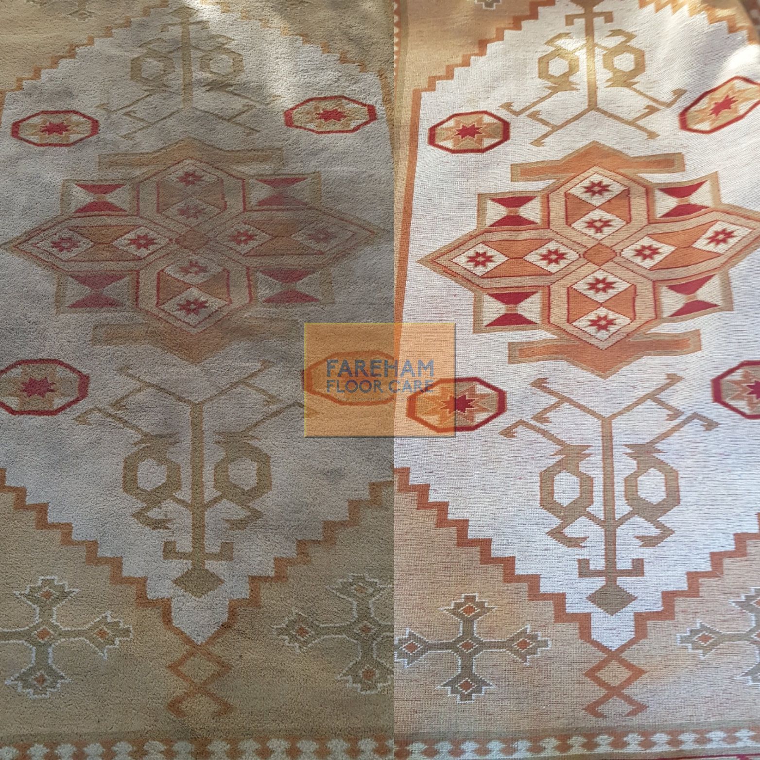 A before and after picture of a rug cleaning in Fareham