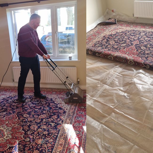 A man is cleaning a rug in a living room in Fareham