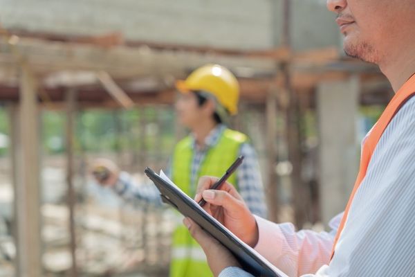 Construction worker writing on a clipboard, another worker in background inspecting the site.