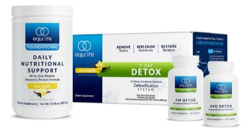 EquiLife supplement products: large white container, box, and two small bottles with blue and white labels.