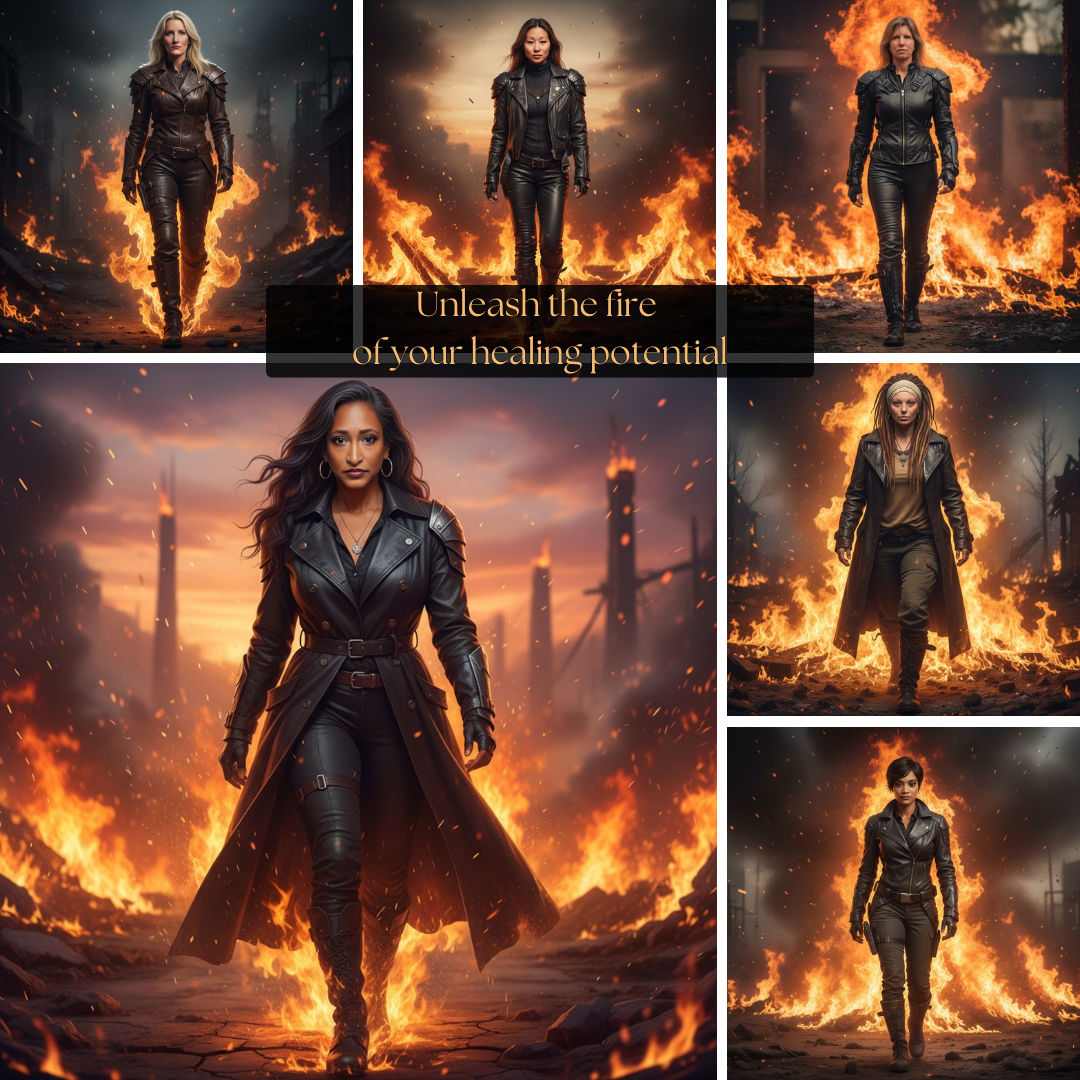 Six women in black leather walk through flames in a dystopian setting.