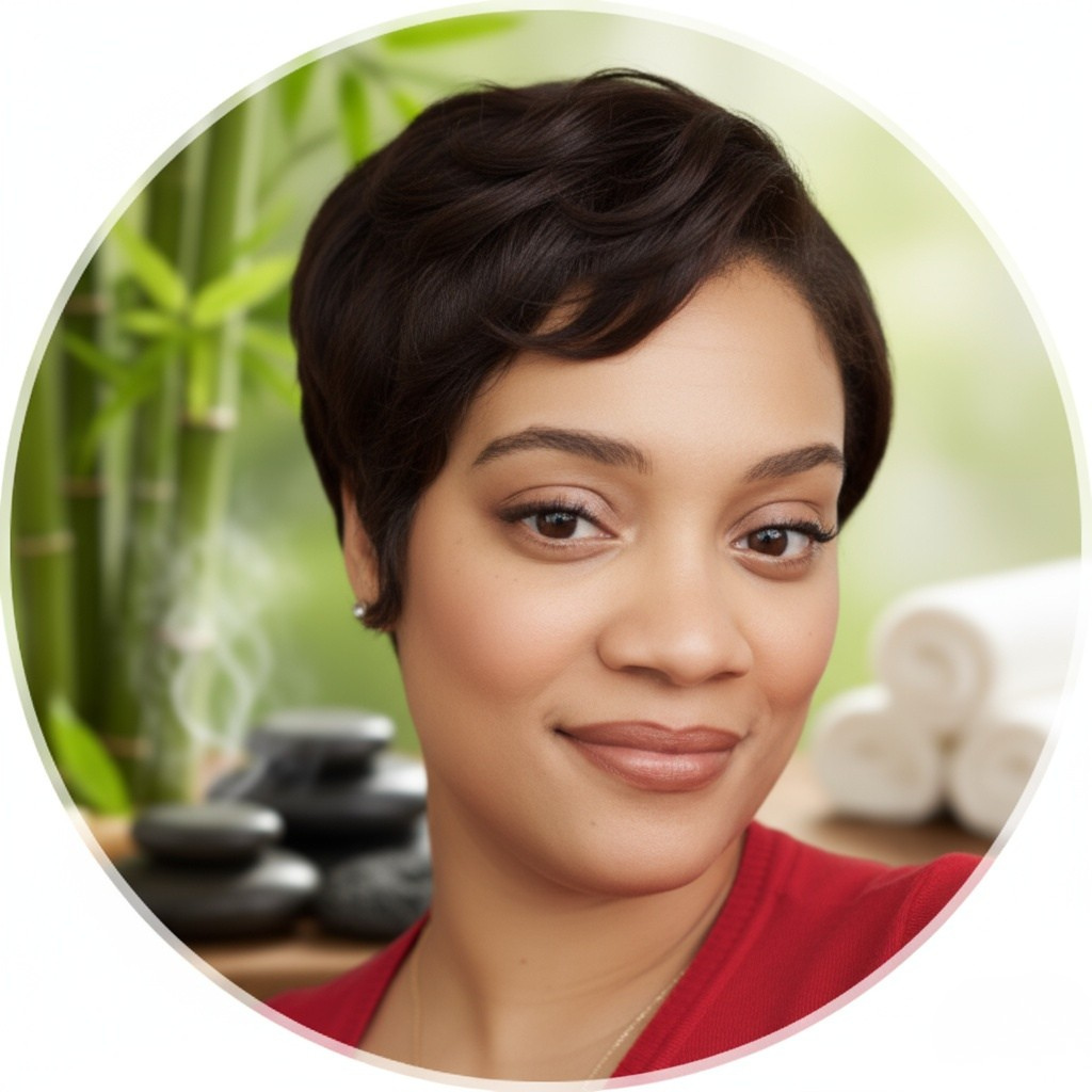 Woman with short dark hair smiles, near spa stones and bamboo. Red top.