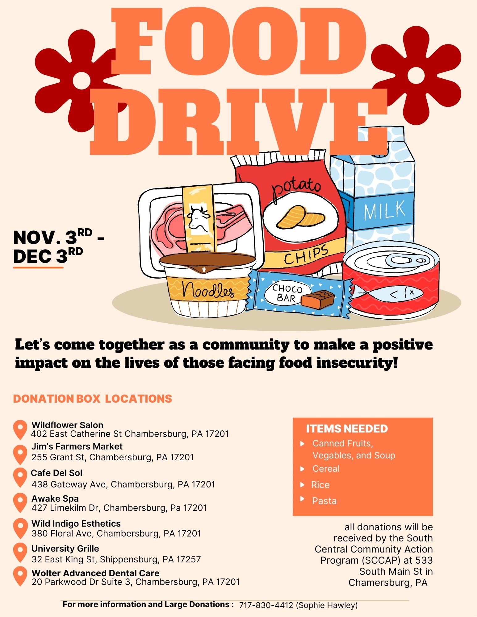 Food drive poster with food items graphic and donation locations in orange and red.