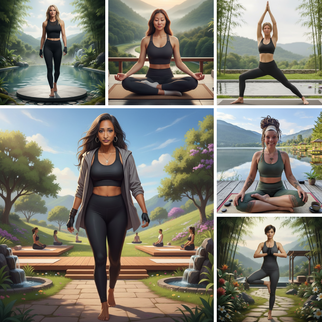 Six women doing yoga poses outdoors, wearing activewear, in various settings.